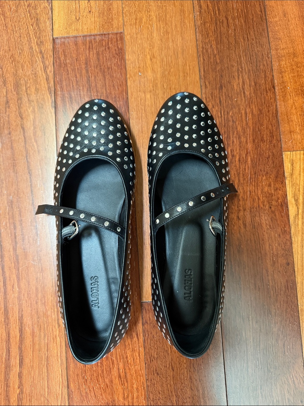 ALOHAS Black Studded Mary Jane Flats with Strap